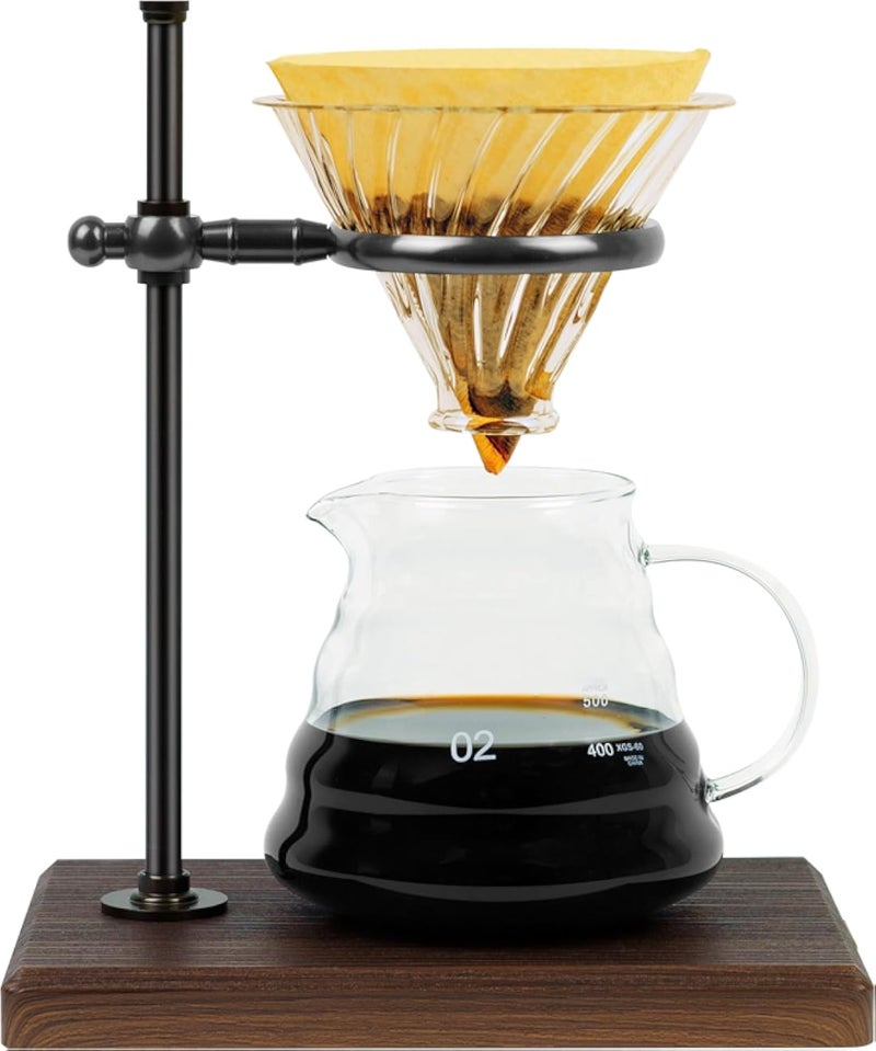 Pour Over Coffee Maker Set, Pour Over Coffee Maker with Stand, Adjustable Stainless Steel Stand, Wooden Base, Paper Filters, Cone Glass Carafe, Pour Over Coffee Dripper (Black)